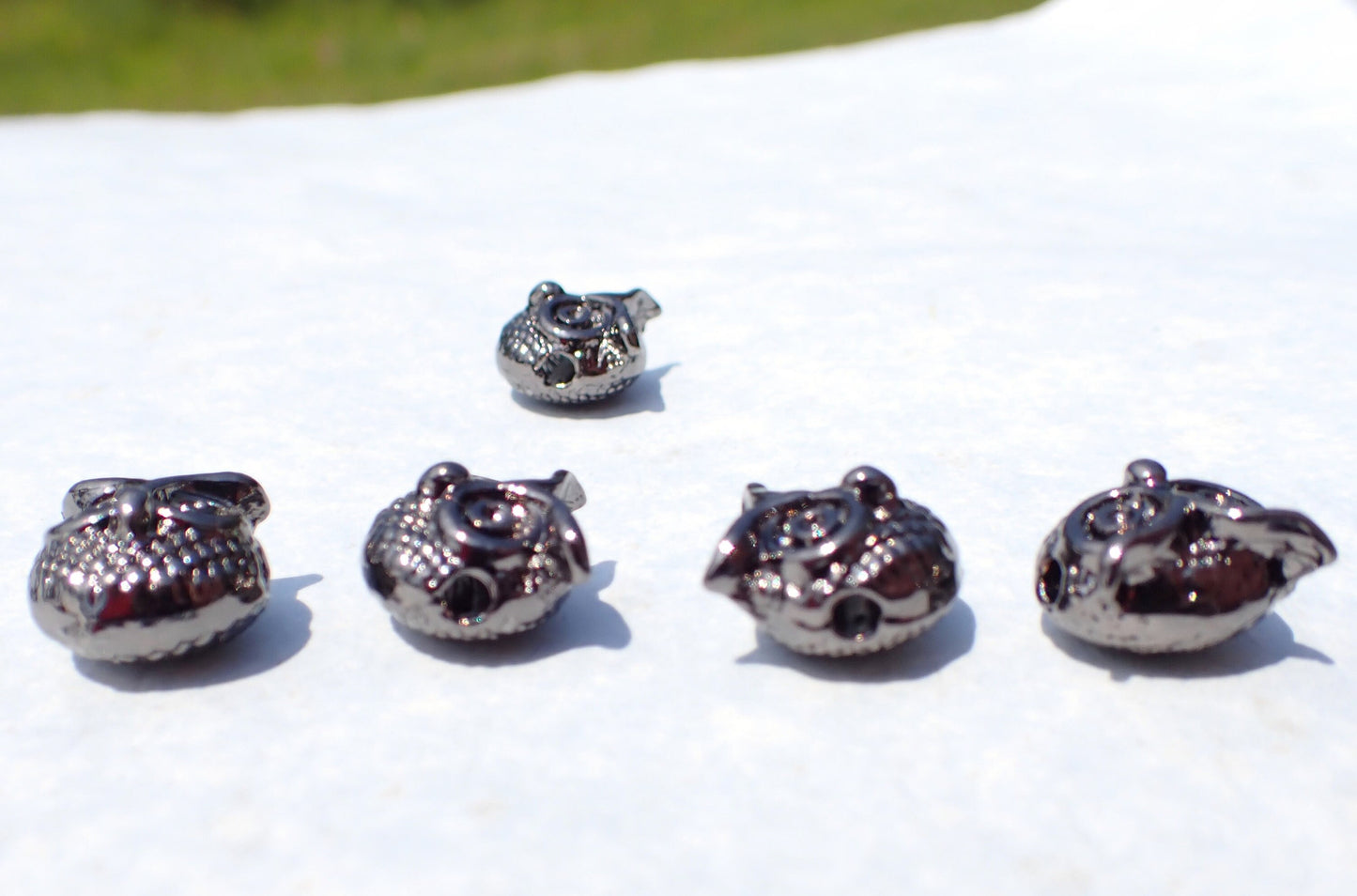 Gunmetal Owl Beads - Dark Silver-Toned 11mm Round Puffy - 10 Beads