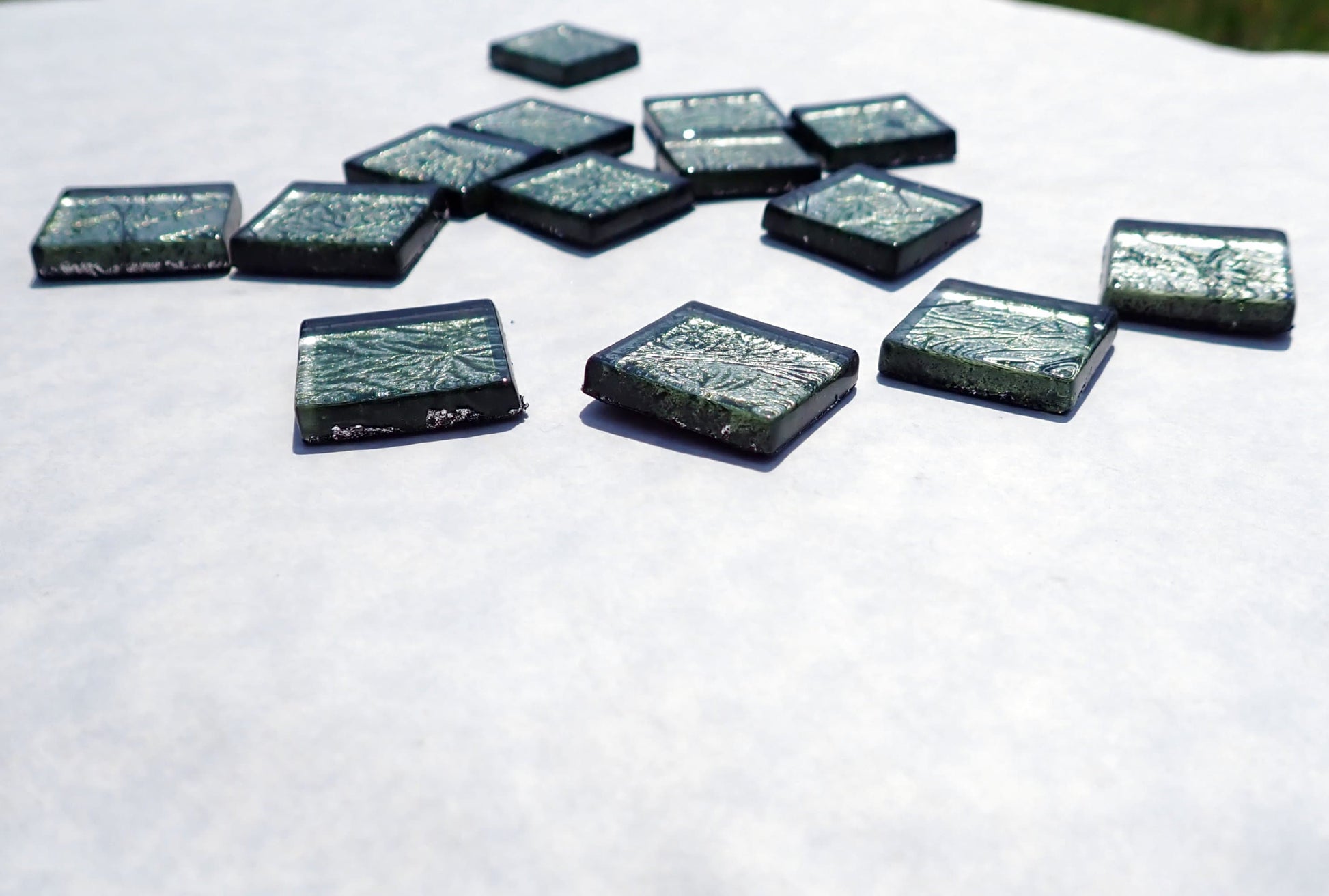 Dark Emerald Green Foil Square Tiles - 25 Glass Mosaic Tiles - 20mm