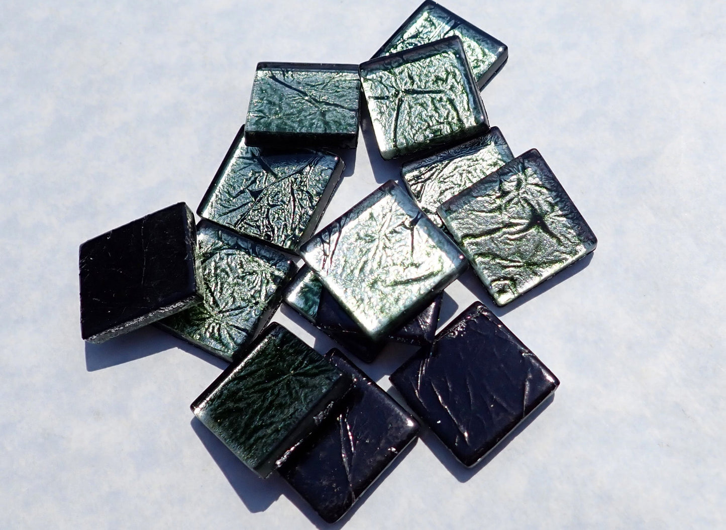 Dark Emerald Green Foil Square Tiles - 25 Glass Mosaic Tiles - 20mm