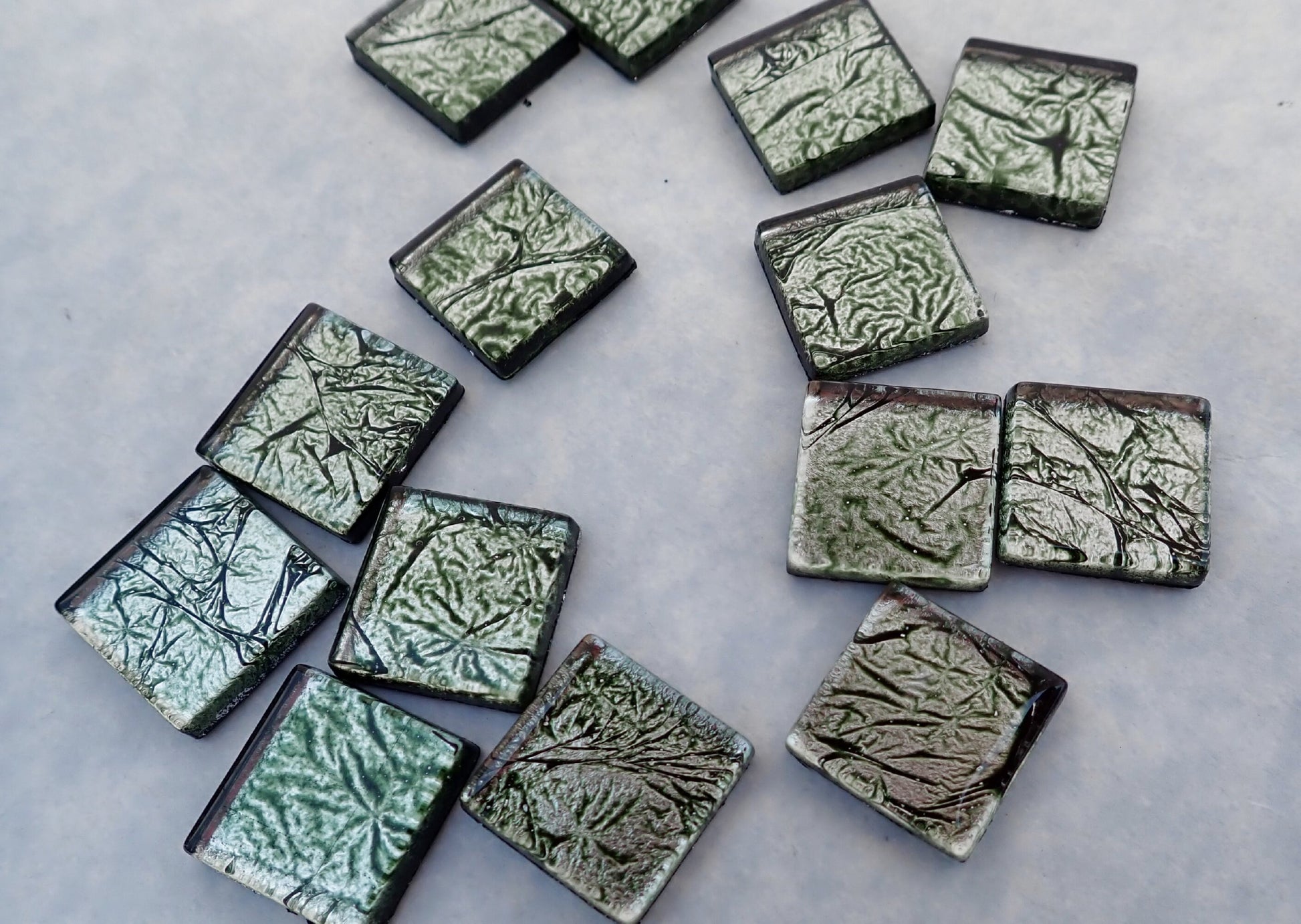 Dark Emerald Green Foil Square Tiles - 25 Glass Mosaic Tiles - 20mm