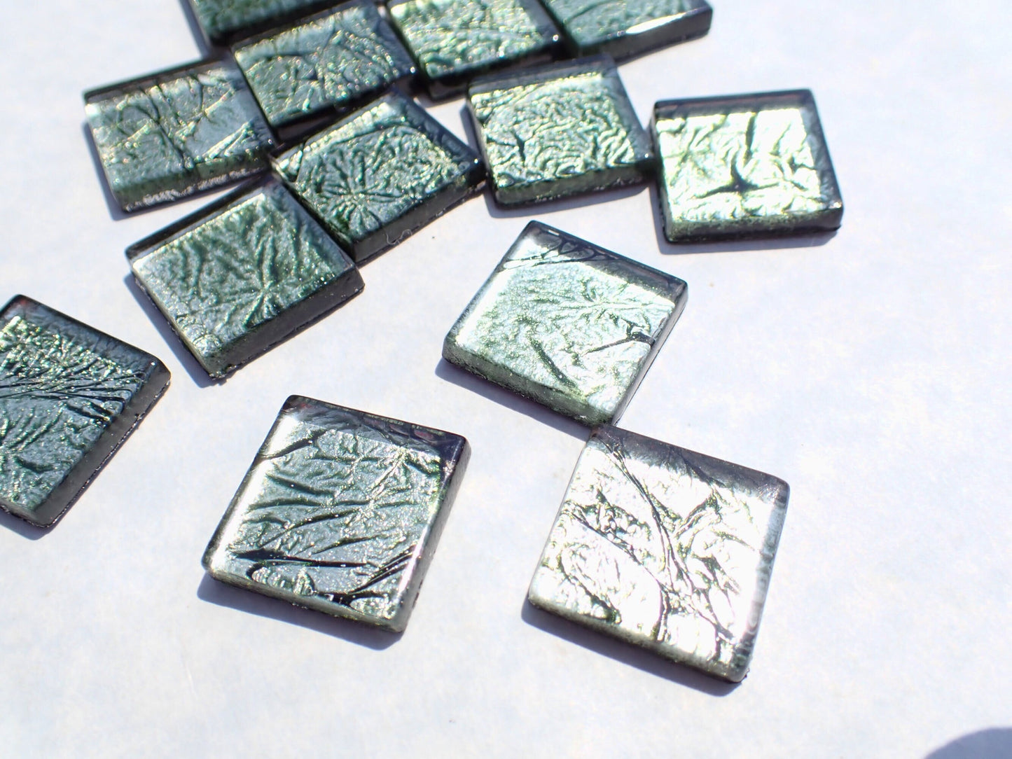 Dark Emerald Green Foil Square Tiles - 25 Glass Mosaic Tiles - 20mm