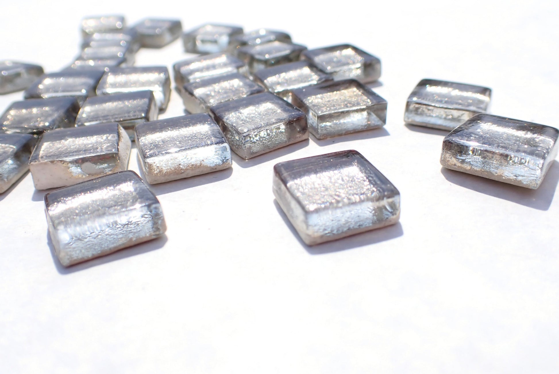 Antique Silver Foil Square Crystal Tiles - 12mm - 50g Metallic Glass Tiles