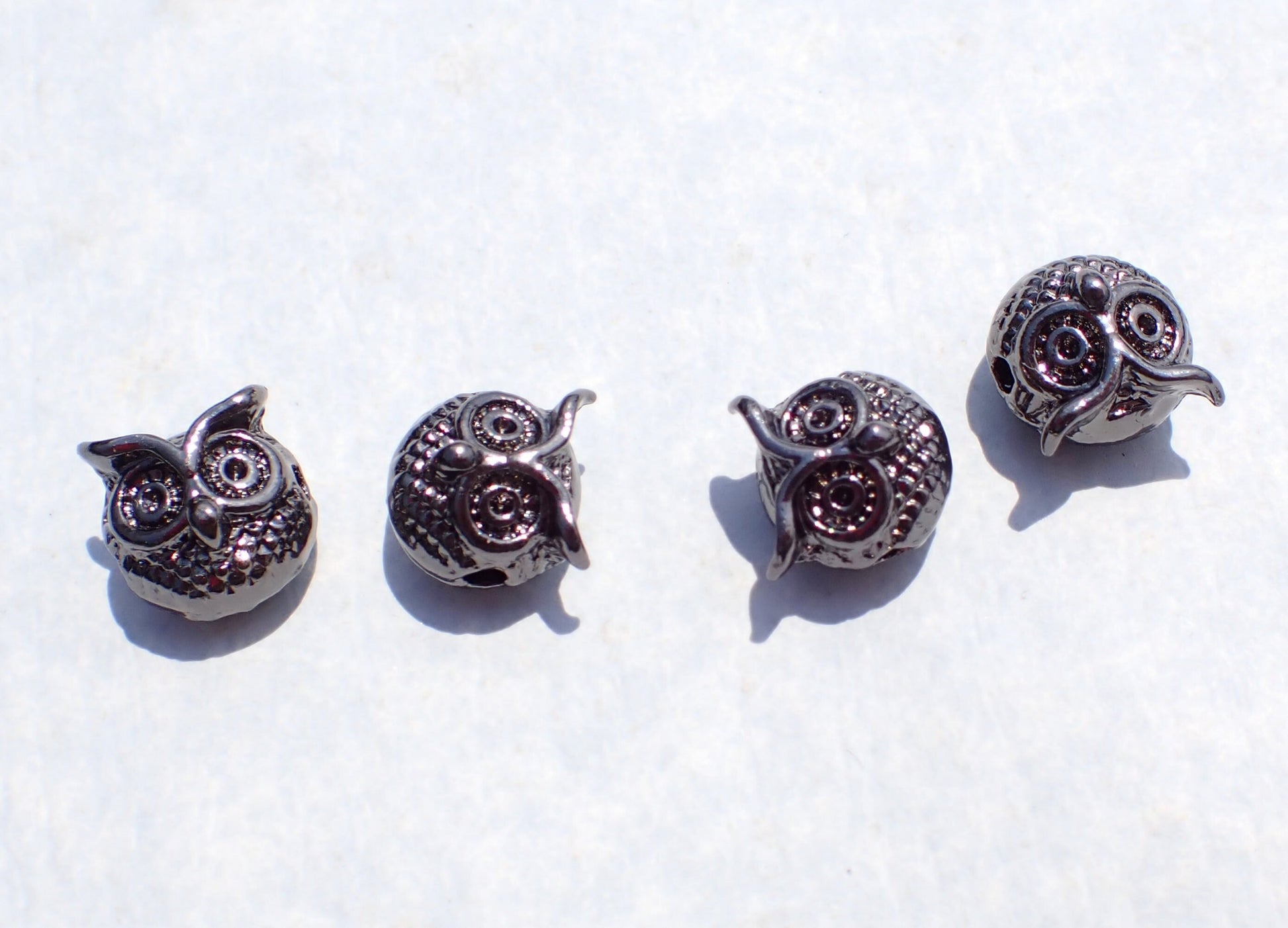 Gunmetal Owl Beads - Dark Silver-Toned 11mm Round Puffy - 10 Beads