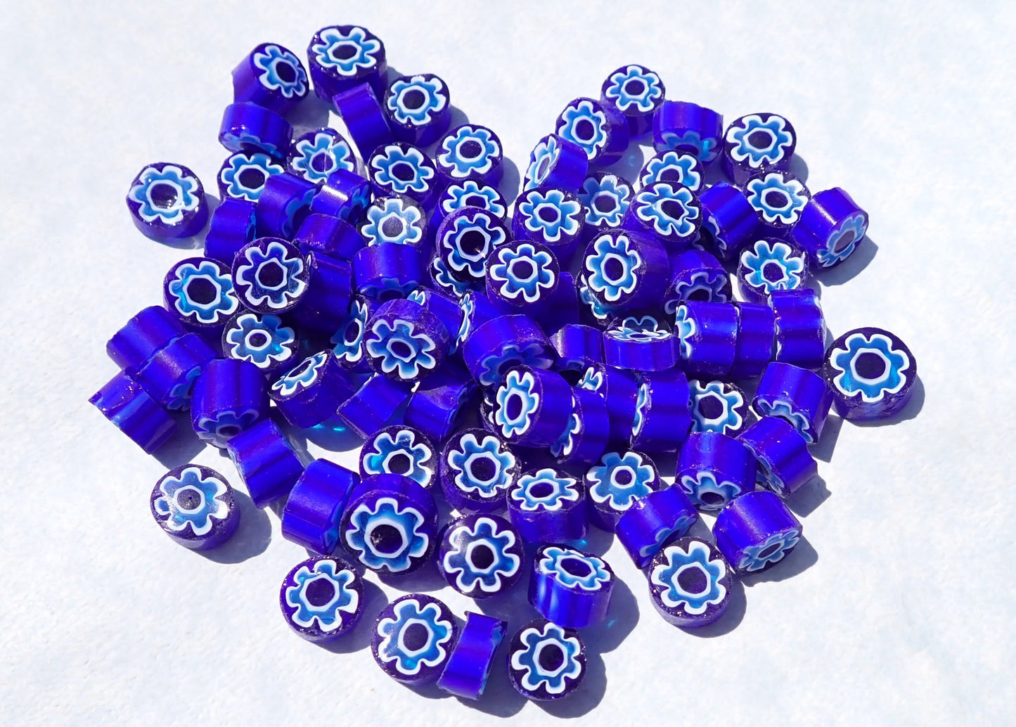 Light Blue Flowers in Deep Blue Millefiori - 25 grams - Unique Mosaic Glass Tiles - Floral Pattern