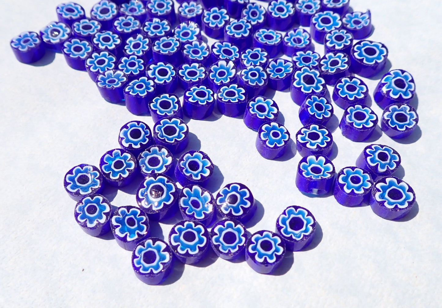 Light Blue Flowers in Deep Blue Millefiori - 25 grams - Unique Mosaic Glass Tiles - Floral Pattern