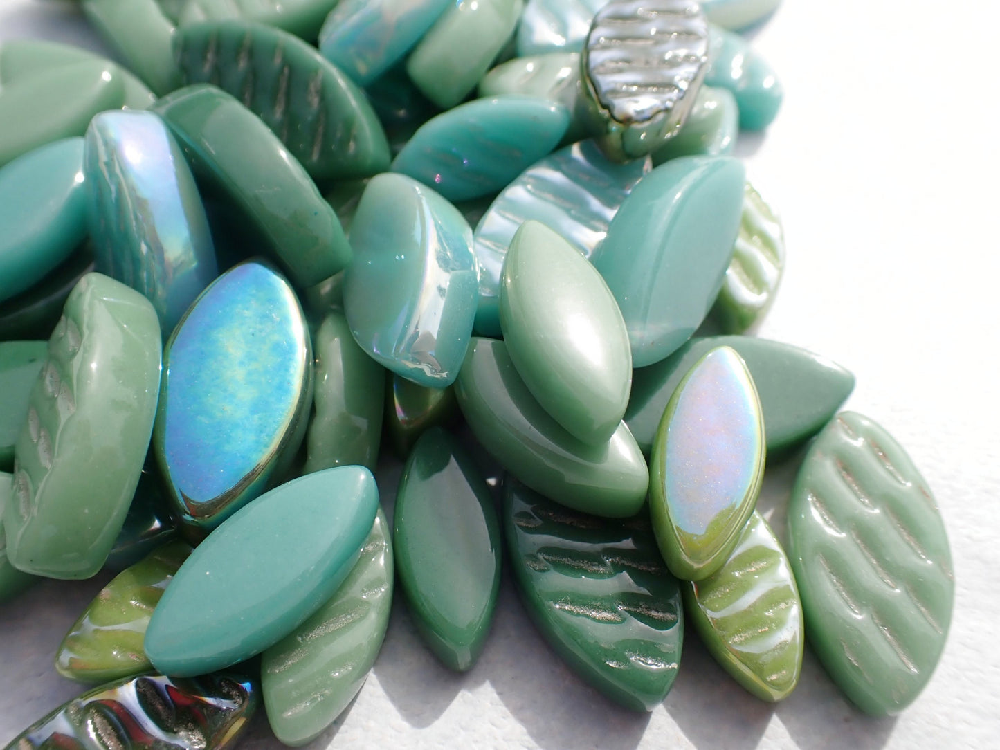 Shades of Green Glass Leaves - 50g of Petals in 14mm and 19mm Mix of 2 Sizes - Spring Breeze