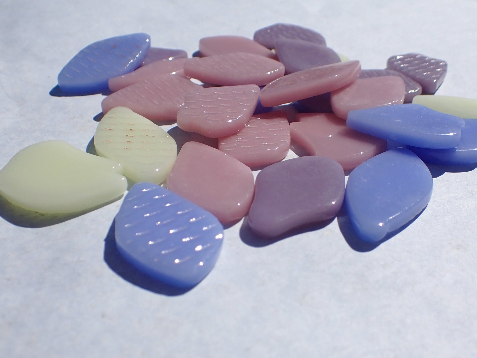 Pastel Blue Purple Pink Yellow Glass Petals - 50g of Leaves in a Mix of Shapes and Sizes - Crocus Bouquet