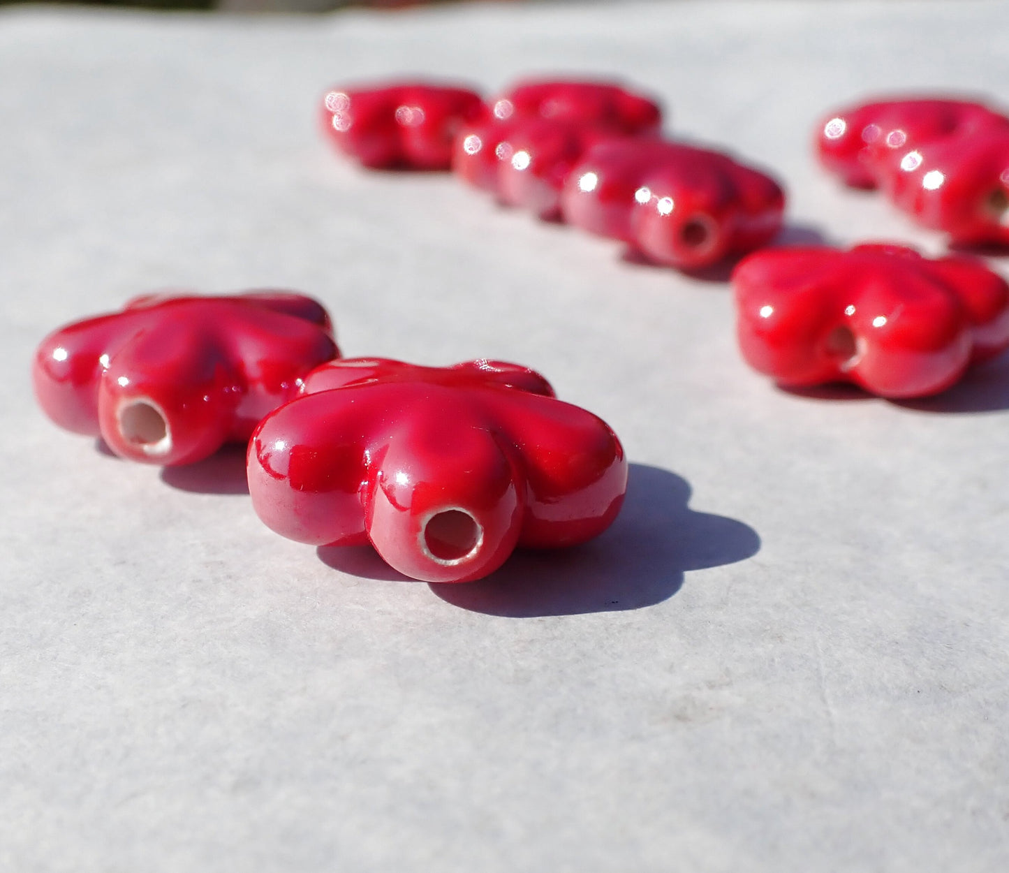 Red Flower Beads - 18mm Ceramic Mosaic Tiles - Five Petal Floral Jewelry Supplies