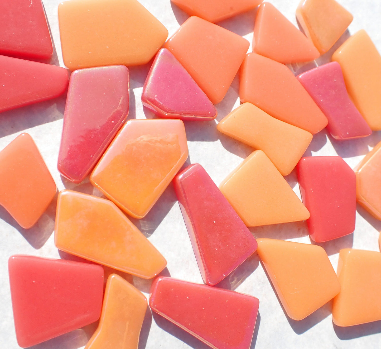 Fruity Orange and Red Irregular Glass Tiles - 50g of Polygons in Mix of Sizes - Sunburst