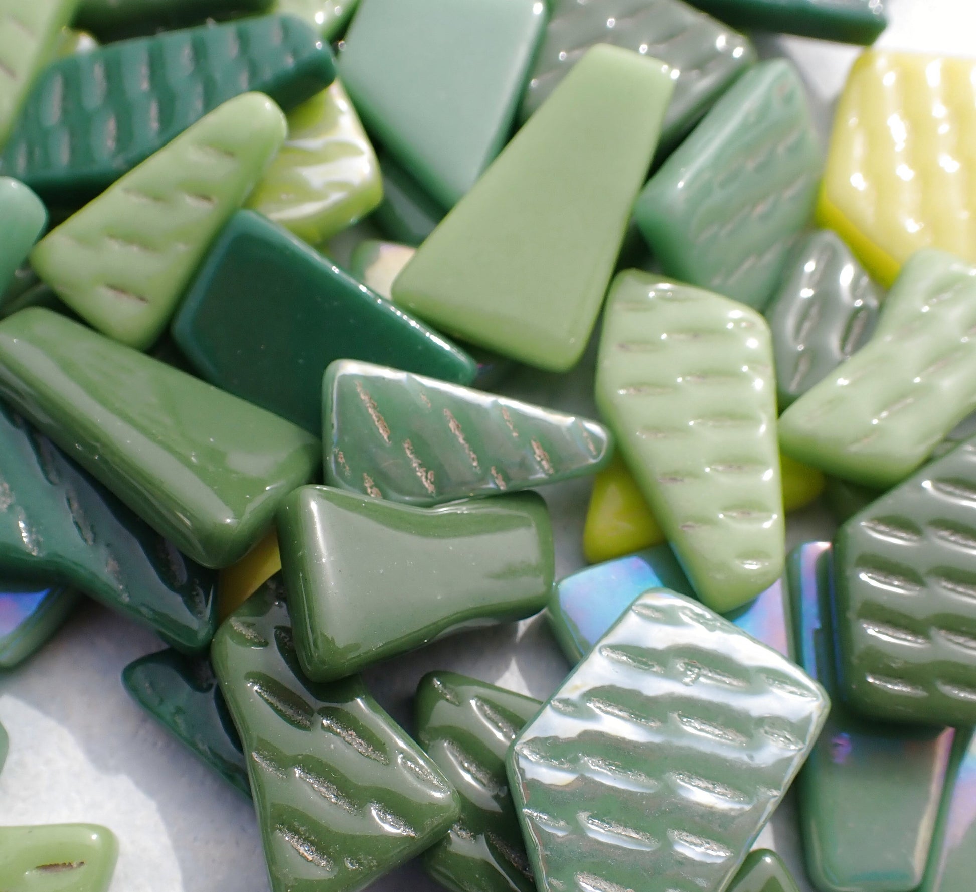 Green Medley Irregular Glass Tiles - 50g of Polygons in Mix of Sizes - Greenhouse