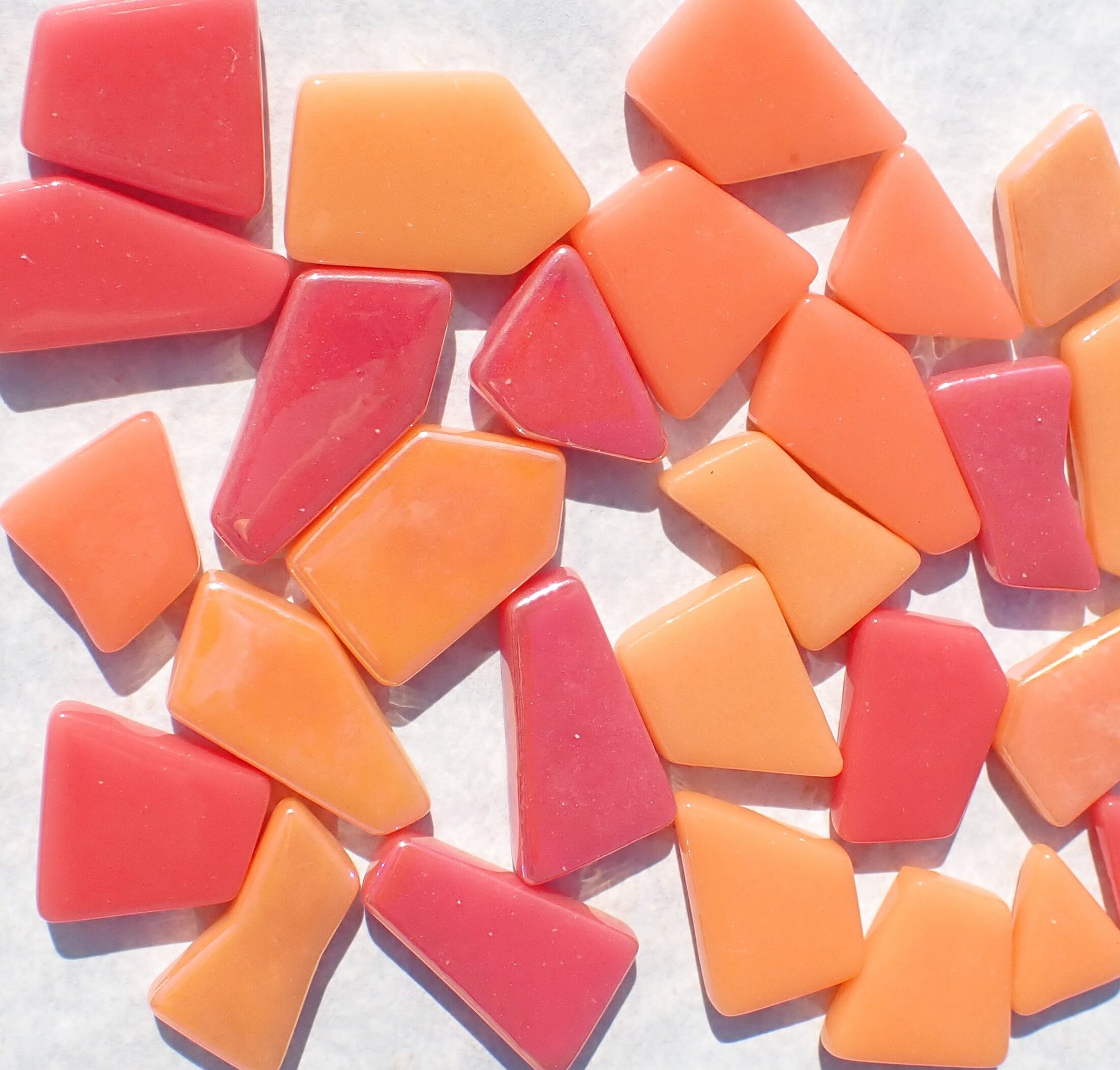 Fruity Orange and Red Irregular Glass Tiles - 50g of Polygons in Mix of Sizes - Sunburst